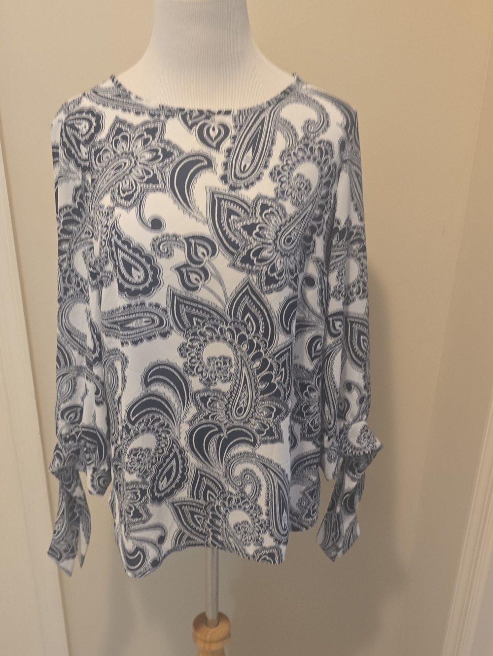 Nine West Navy and White Paisley Tie-Sleeve Blouse
